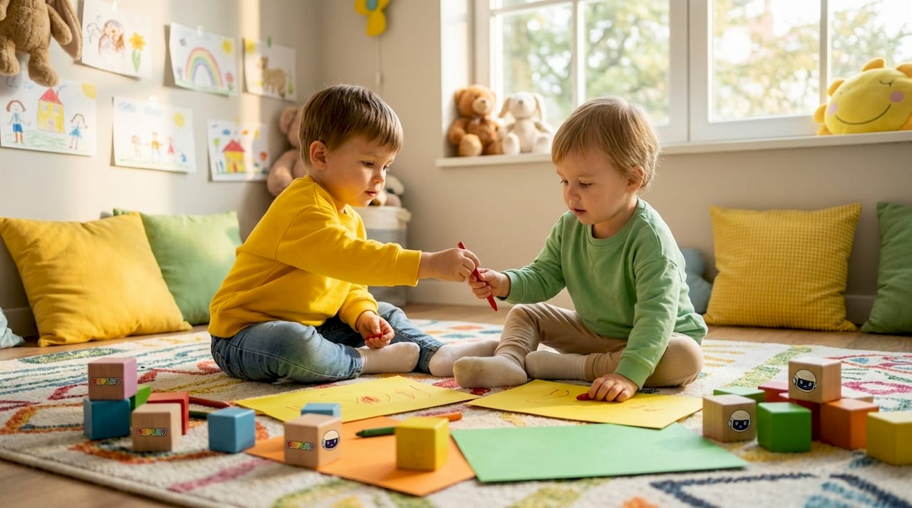 In het klaslokaal zitten twee kleuters gezellig samen te kleuren en delen hun potloden met elkaar.