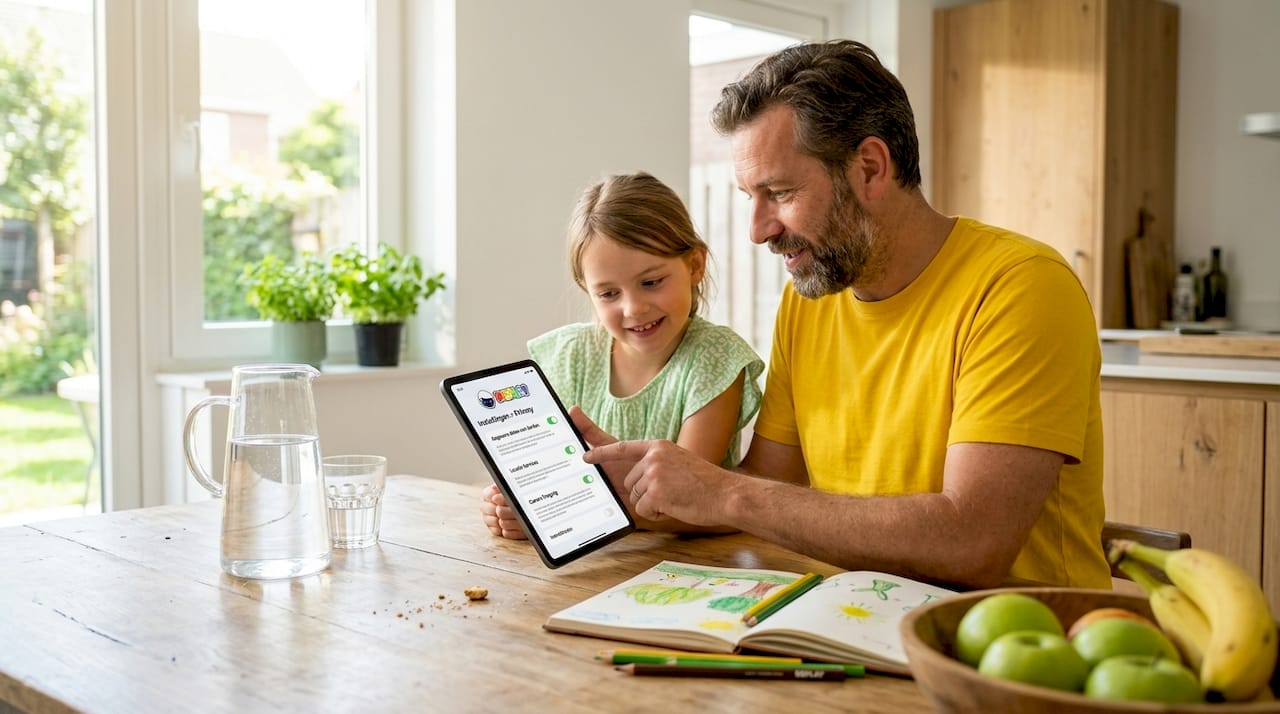 Een ouder praat thuis met zijn kind over het belang van privacy.