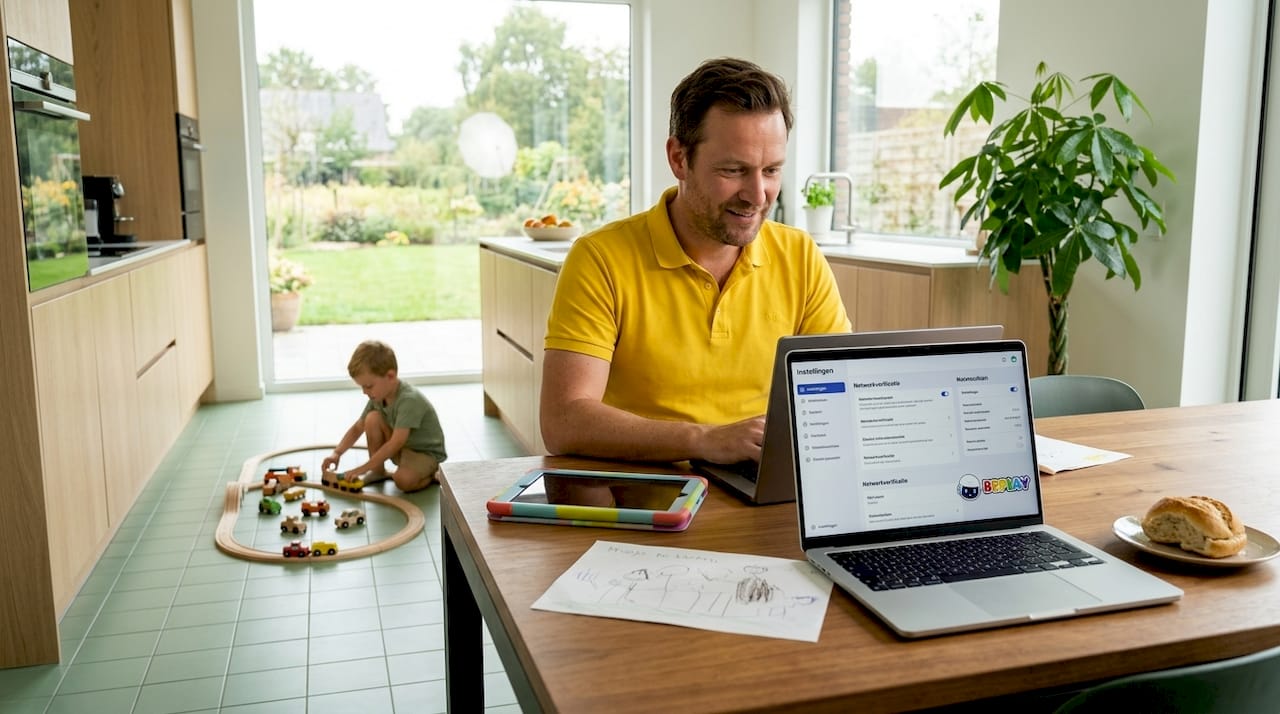 Vader regelt de gezinsinstellingen op zijn laptop, terwijl de tablet ernaast ligt.