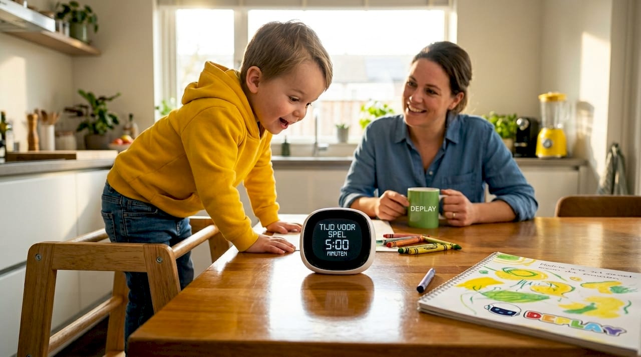 Een kind houdt zich aan de schermtijdafspraak terwijl het samen met een ouder in de keuken is.