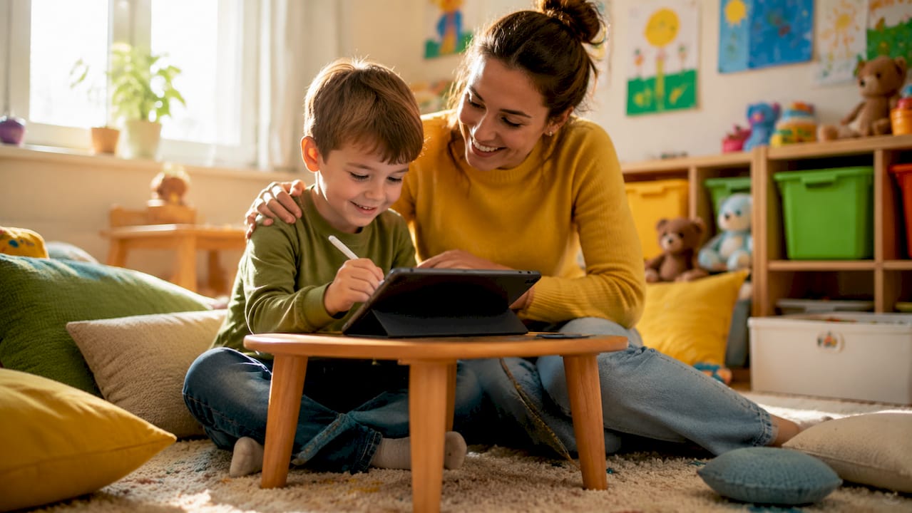 Ouder en kind samen bezig op een tablet