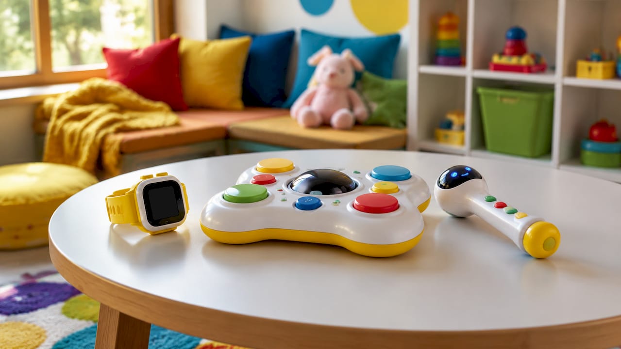 Detailopname van educatieve gadgets die speciaal voor kinderen zijn ontworpen, netjes uitgestald op een tafel.