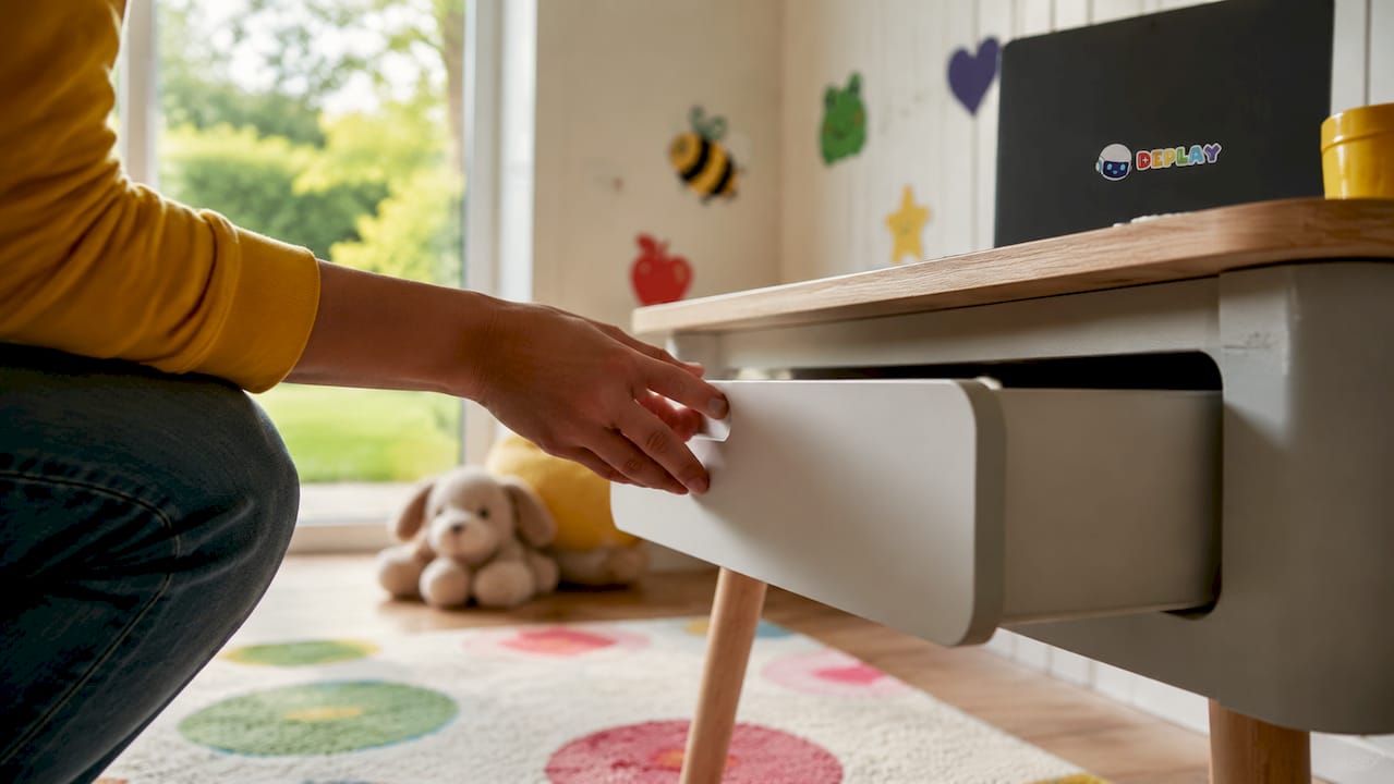 Een hand opent een kast met kindveilige sluiting en afgeronde hoeken.