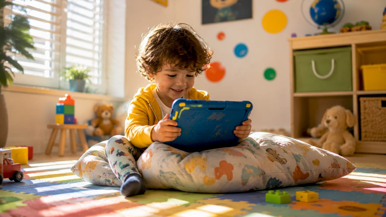Een kind houdt een stevige, robuuste tablet met beide handen vast.