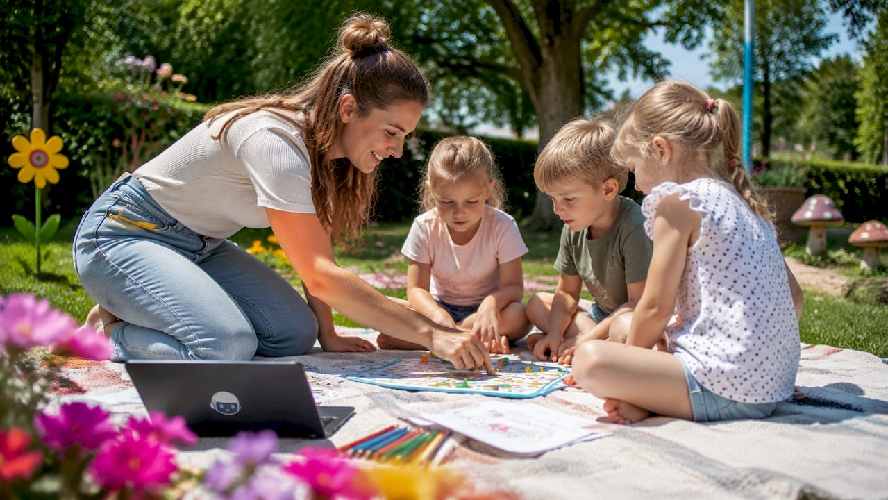 Een begeleider doet samen met de kinderen een leerzaam spelletje.