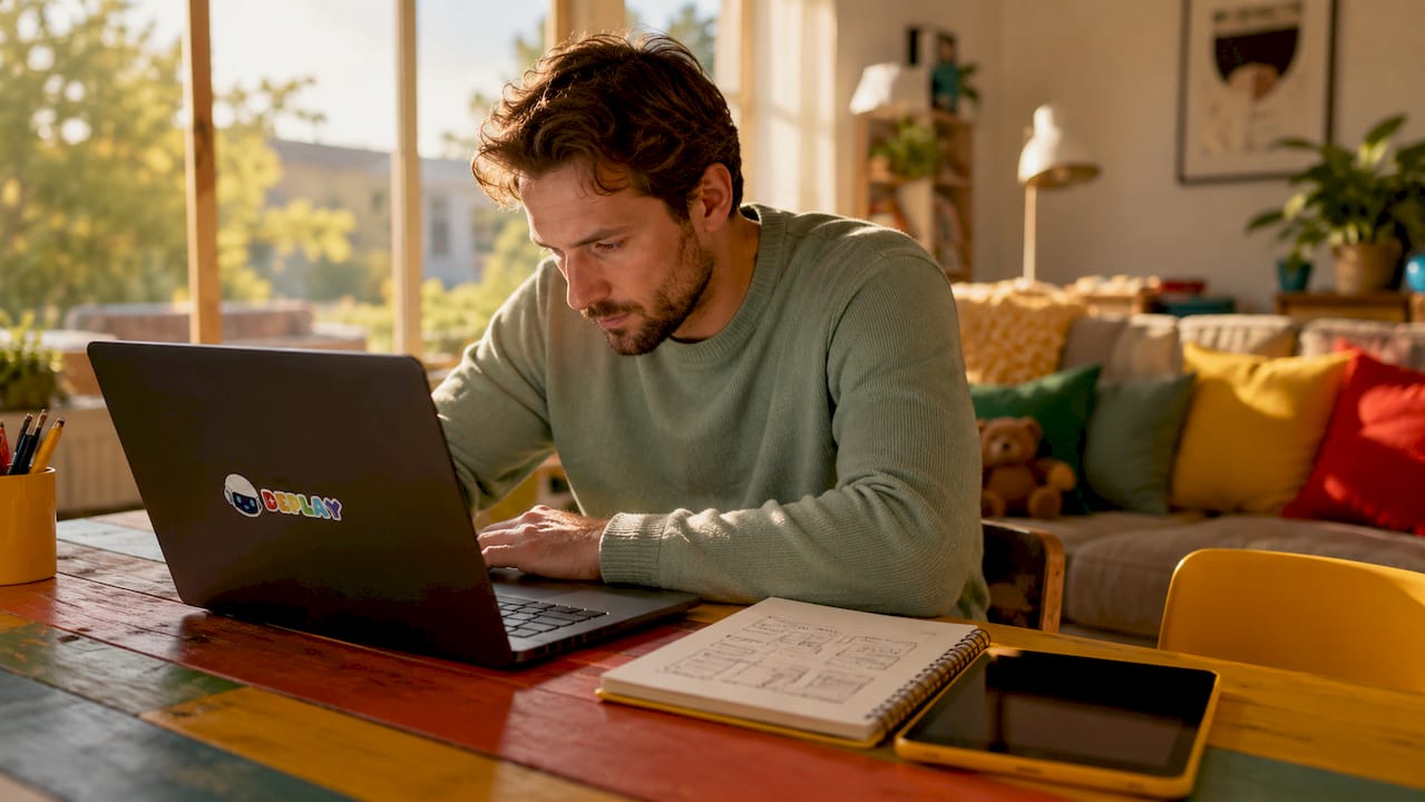 Vader maakt een apart gebruikersaccount aan voor zijn kind op de laptop.