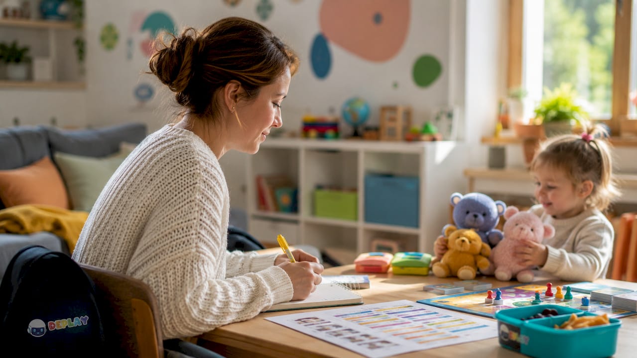 Een ouder zit aan de keukentafel en maakt in alle rust plannen voor een ontspannen autorit met het gezin.
