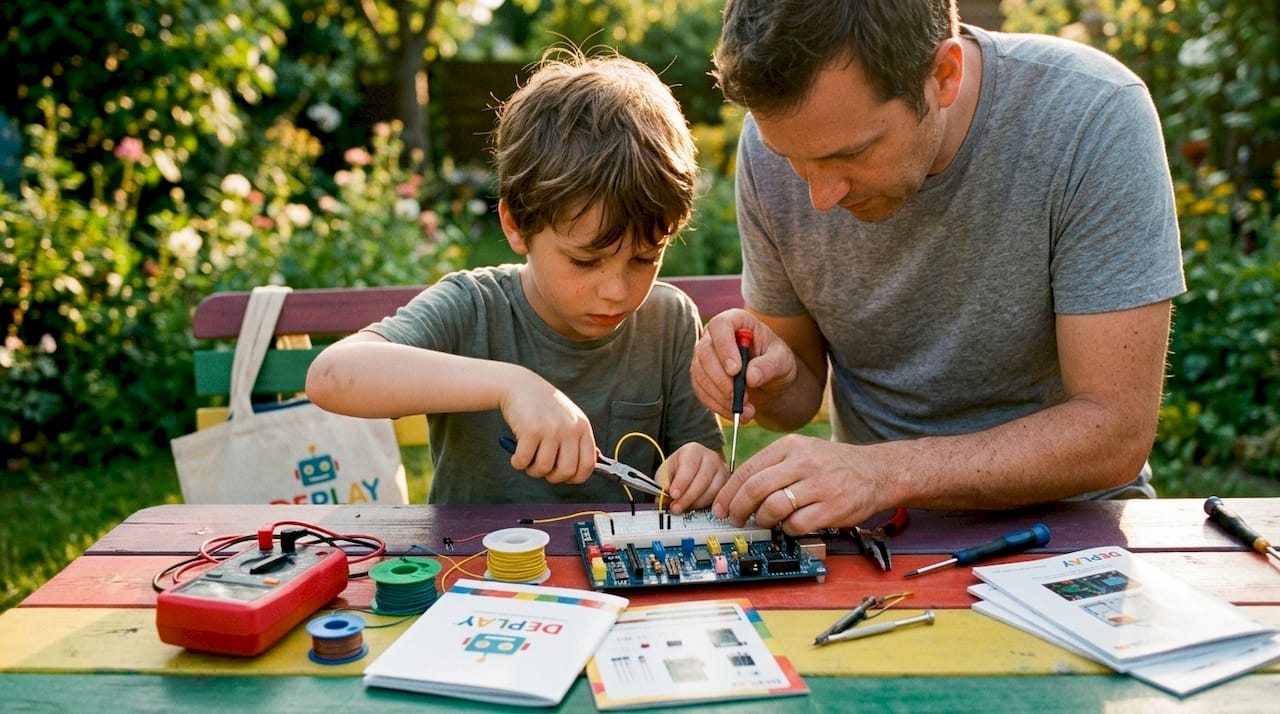 Samen aan de keukentafel werken vader en zoon aan een uitdagend elektronica-project, waarbij ze spelenderwijs nieuwe technologie ontdekken.