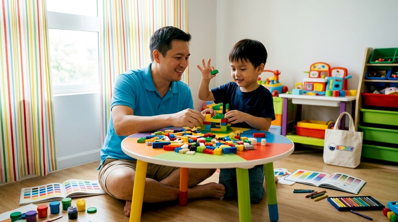 Samen bouwen vader en zoon aan een groot Lego-avontuur in de speelkamer.