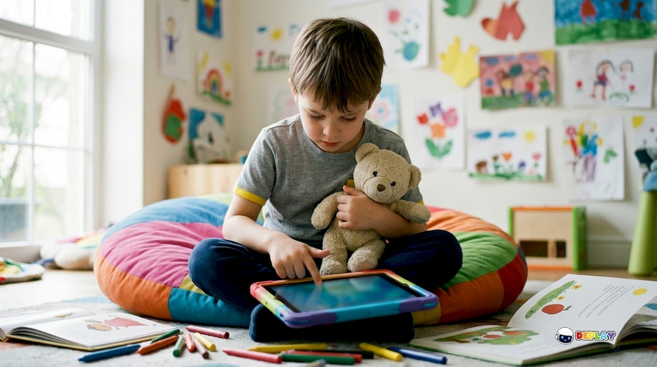 Een kind speelt op een tablet met een app die helemaal vrij is van reclame.
