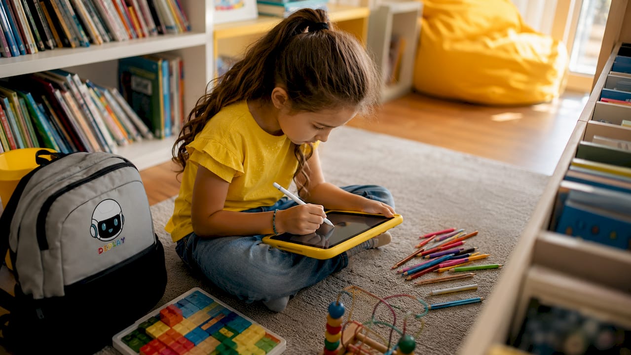 Een kind maakt op speelse wijze tekeningen op een kindertablet