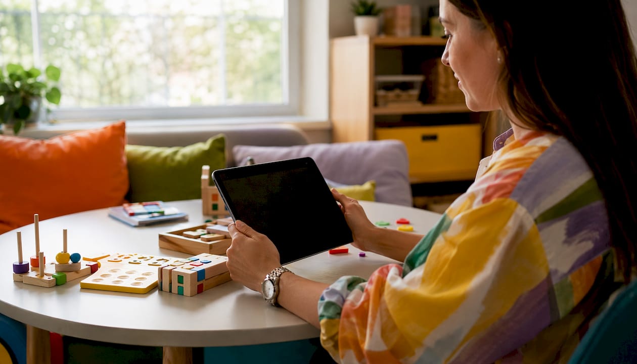 Een vader kijkt samen met zijn kind of de educatieve app op de tablet geschikt is.
