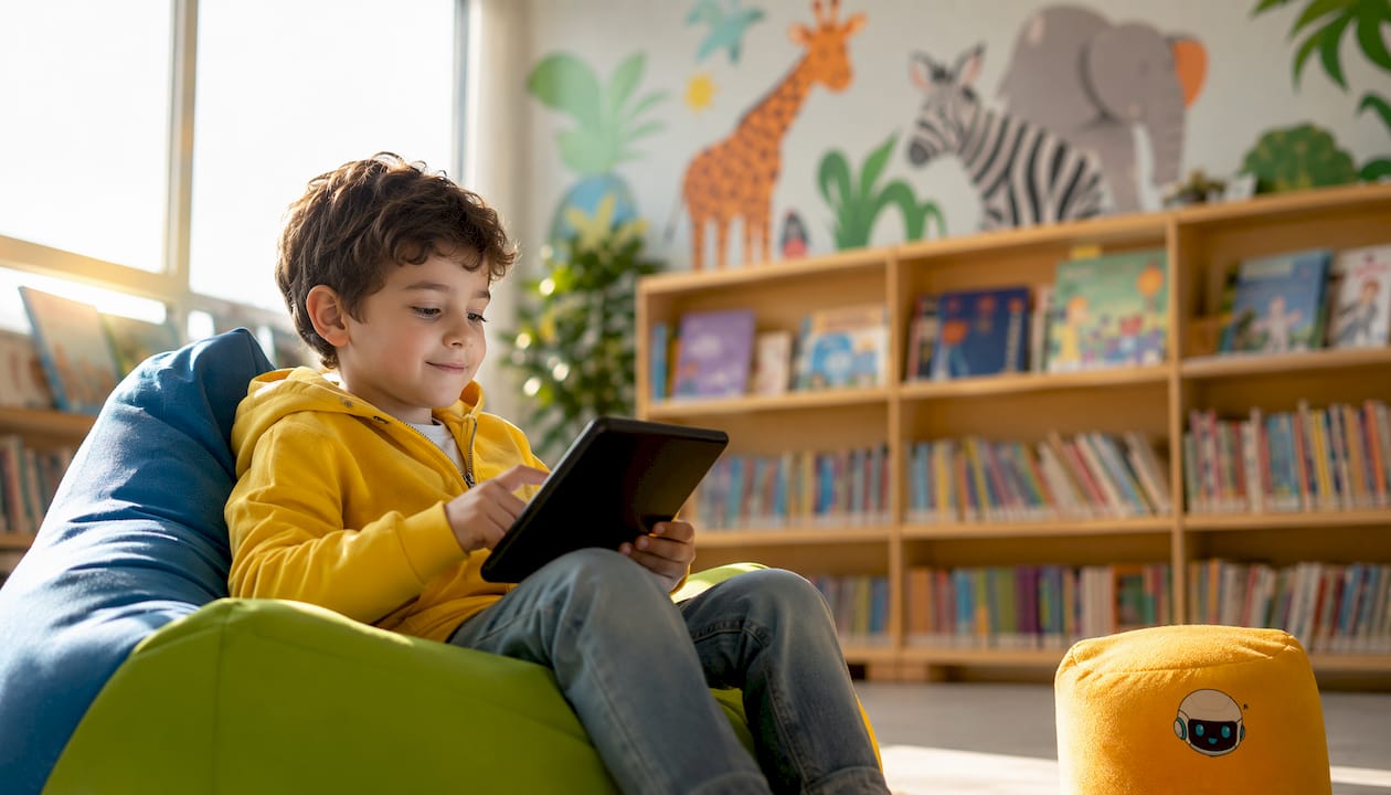 Een jongen zit in de klas en werkt op een educatieve tablet speciaal voor kinderen.