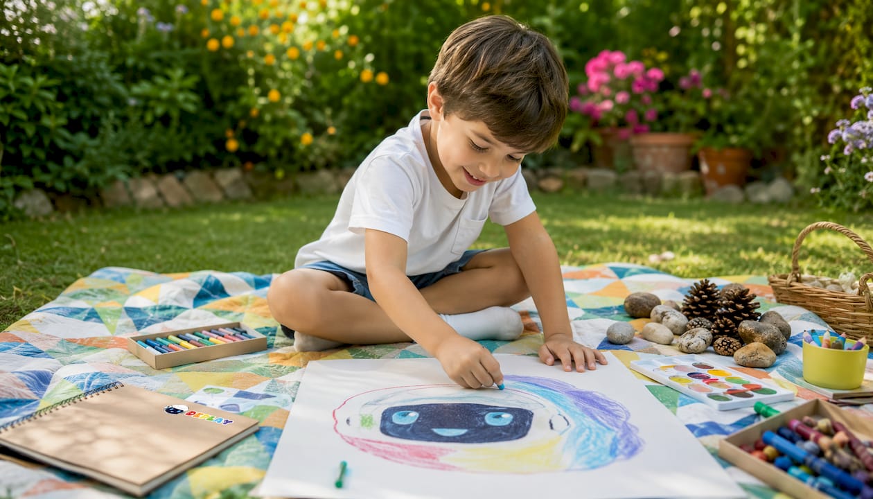 Jongen is creatief bezig met tekenen en verschillende materialen.