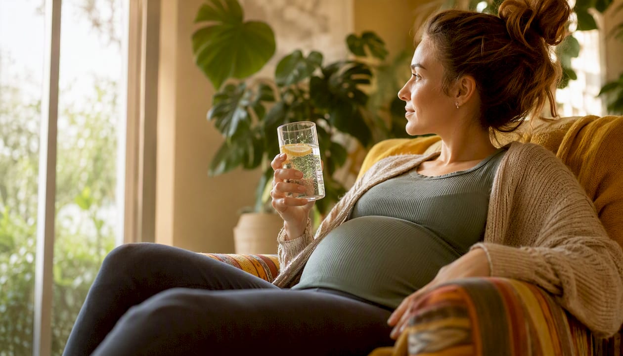 Een zwangere vrouw geniet ontspannen van een alcoholvrij drankje.