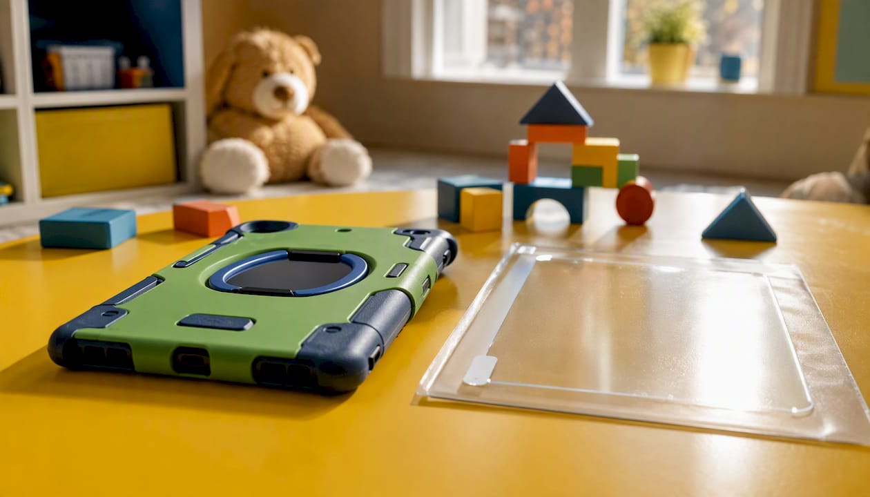 Stevige kindertablethoes met extra beschermfolie voor het scherm