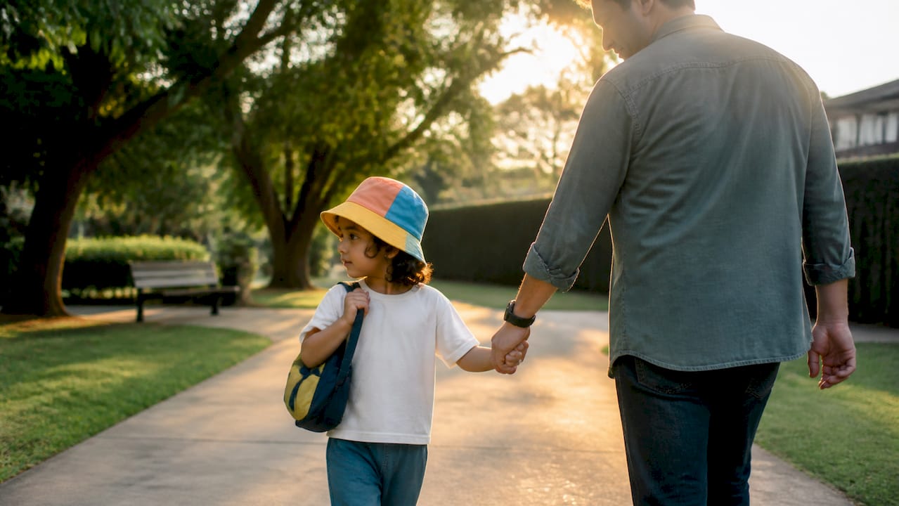 Ouder en kind lopen samen naar school