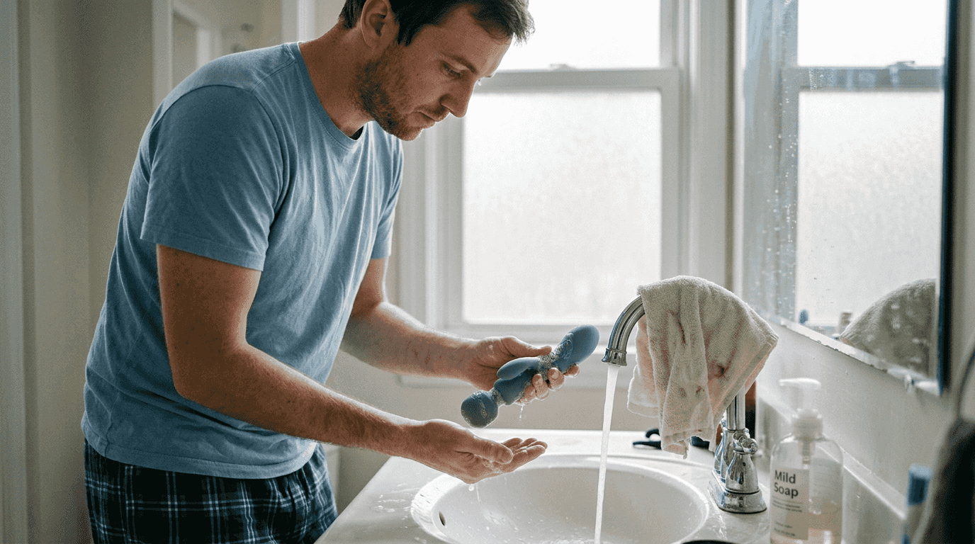 Man cleaning sustainable silicone vibrator