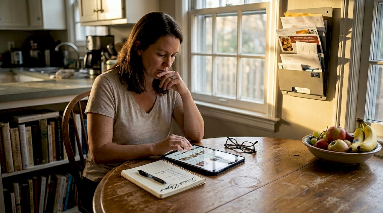 Woman researching products at kitchen table