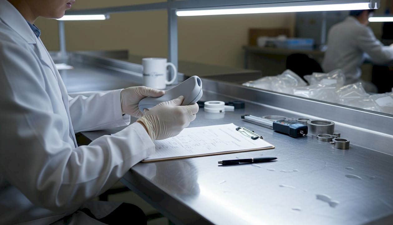 Technician inspecting silicone dildo for quality