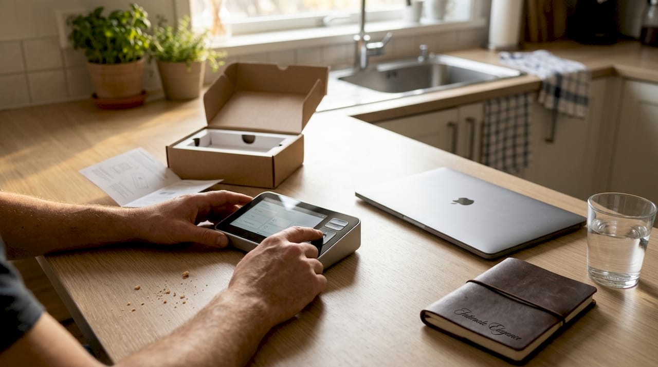 Hands demonstrating product features on table