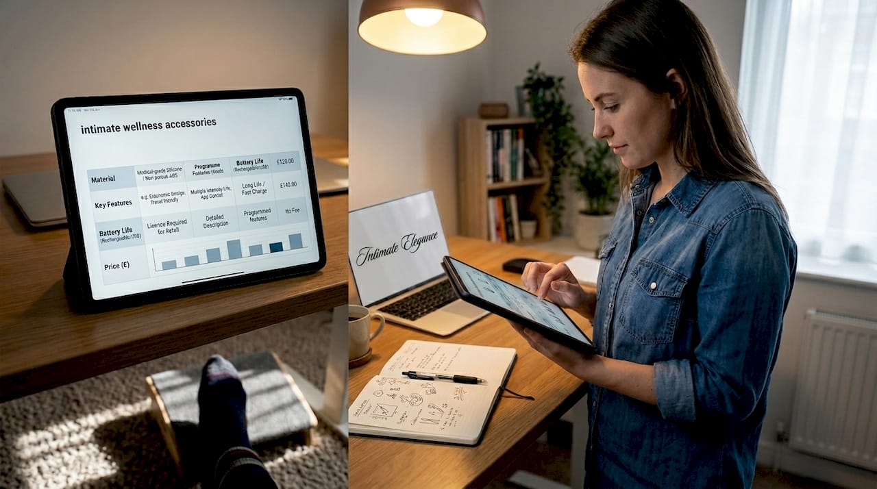 Woman researching intimate accessory guides on tablet