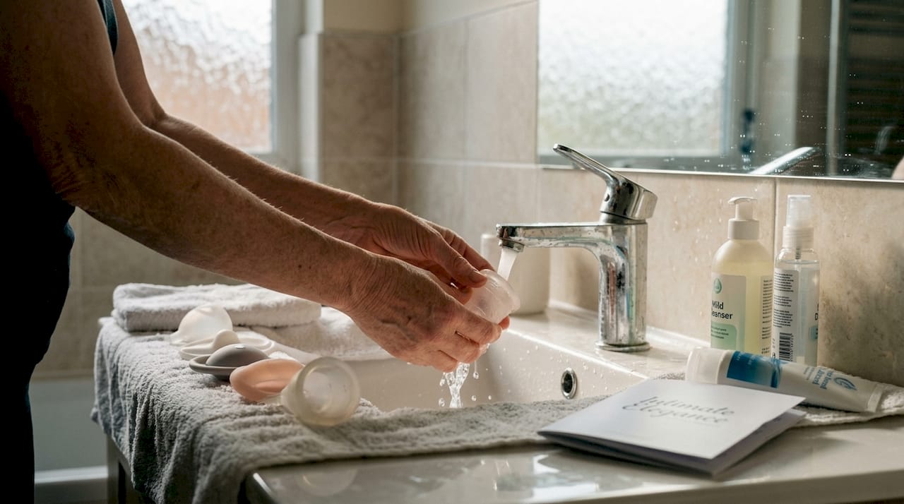 Hände reinigen Intimprodukte aus Silikon im Badezimmer