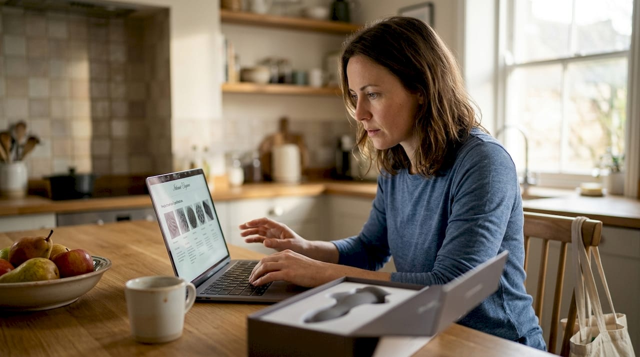 Woman researching safe sex toy materials at counter