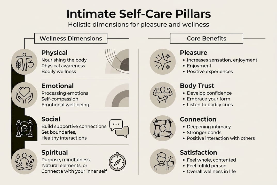 Infographic of intimate self-care dimensions and benefits