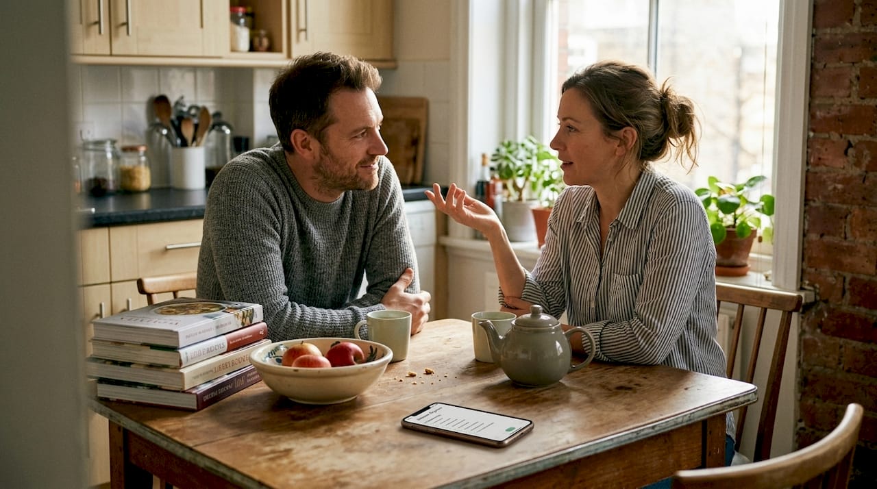 Couple talking over tea in kitchen