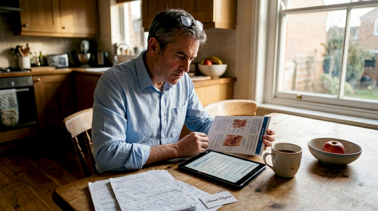 Doctor reviews sexual health guide at table
