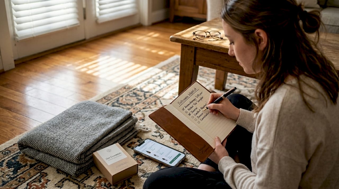 Woman updating gifting checklist with wellness products