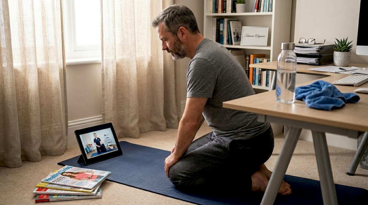 Man doing home exercise stretches in office