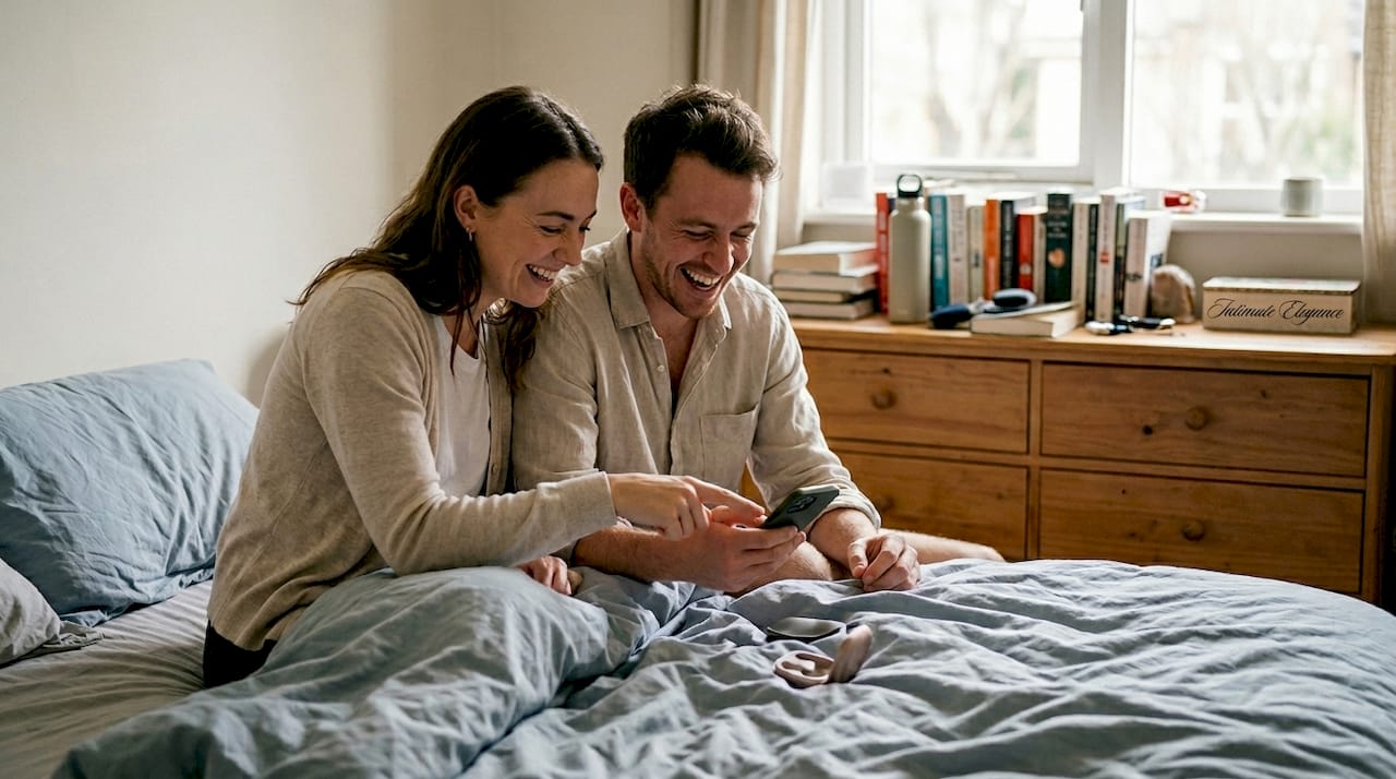 Couple laughing on bed with device case nearby