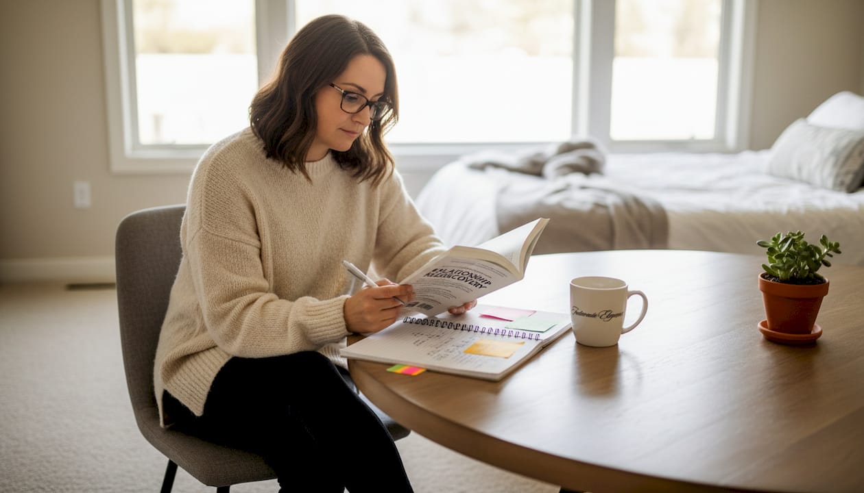 Woman reading relationship guide in bedroom