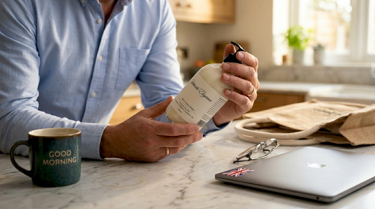 Hands check product packaging for safety details