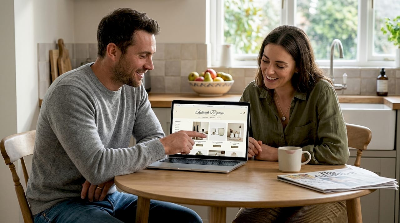 Couple browsing products together at kitchen table