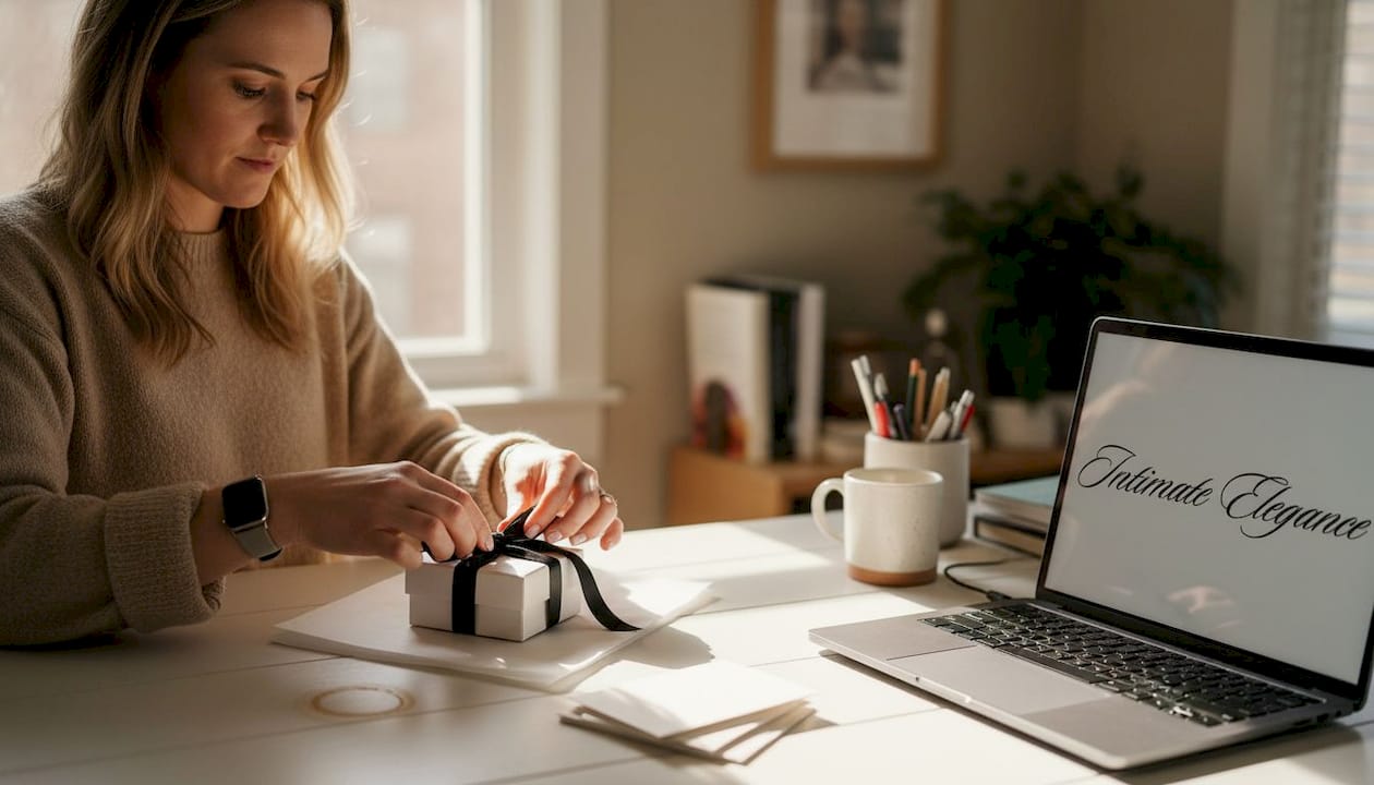 Woman wrapping discreet gift on home office desk