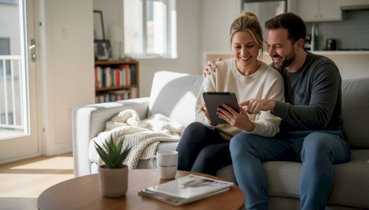 Couple chatting about wellbeing on sofa