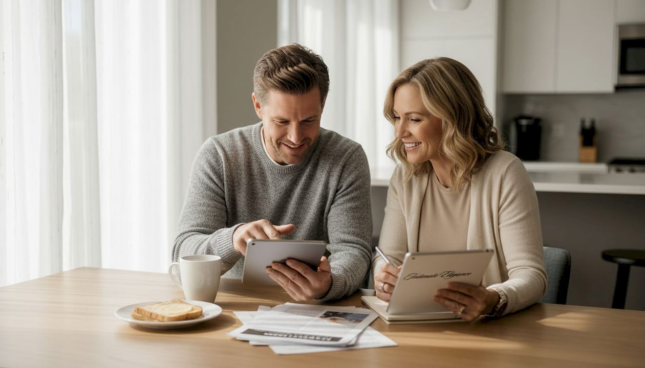 Couple reviewing intimacy products at kitchen table