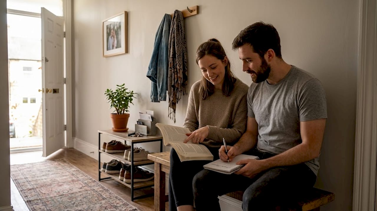 Couple reviewing massage guide and taking notes
