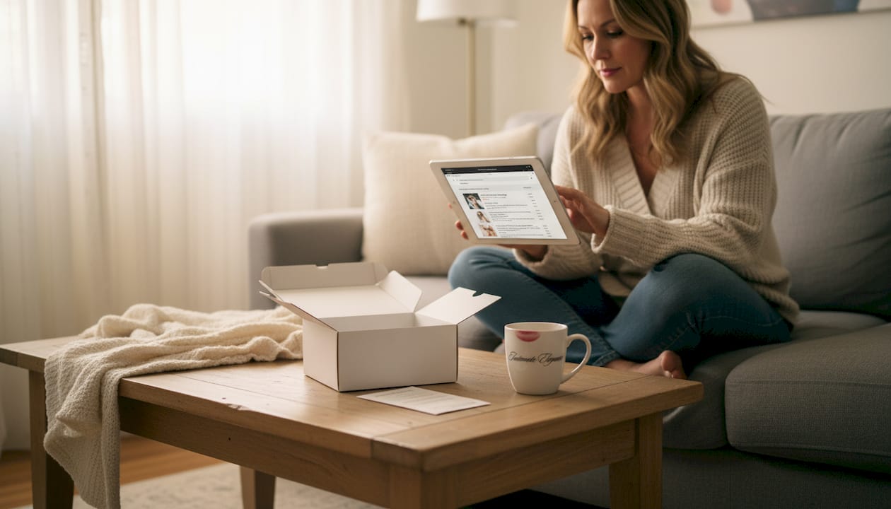 Woman researching sex toy options at home
