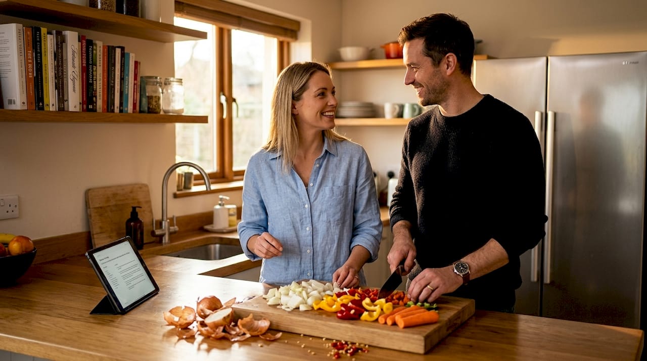 Couple preparing dinner in kitchen together