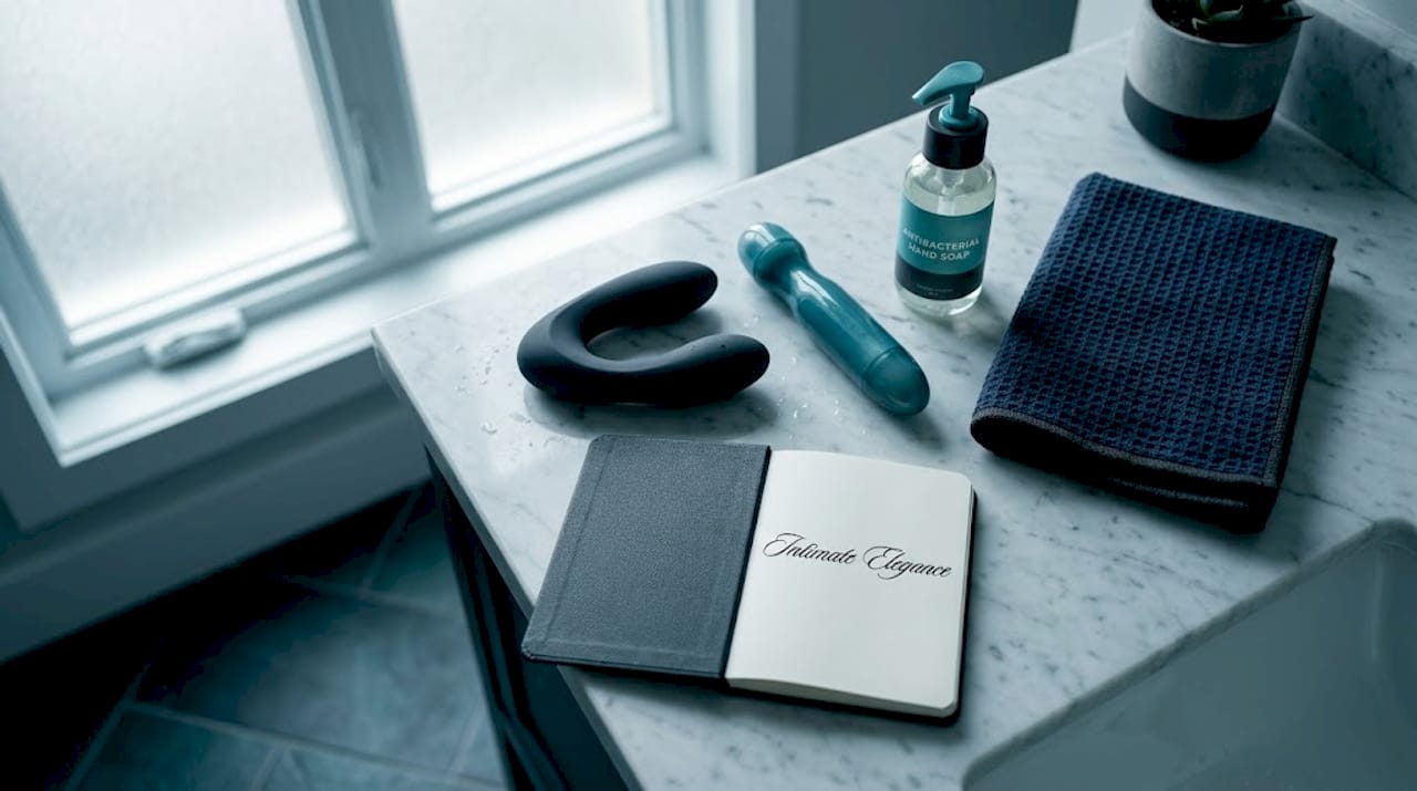 Two vibrators with cleaning items on countertop