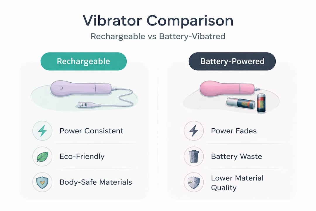 Split comparison rechargeable and battery-powered vibrators