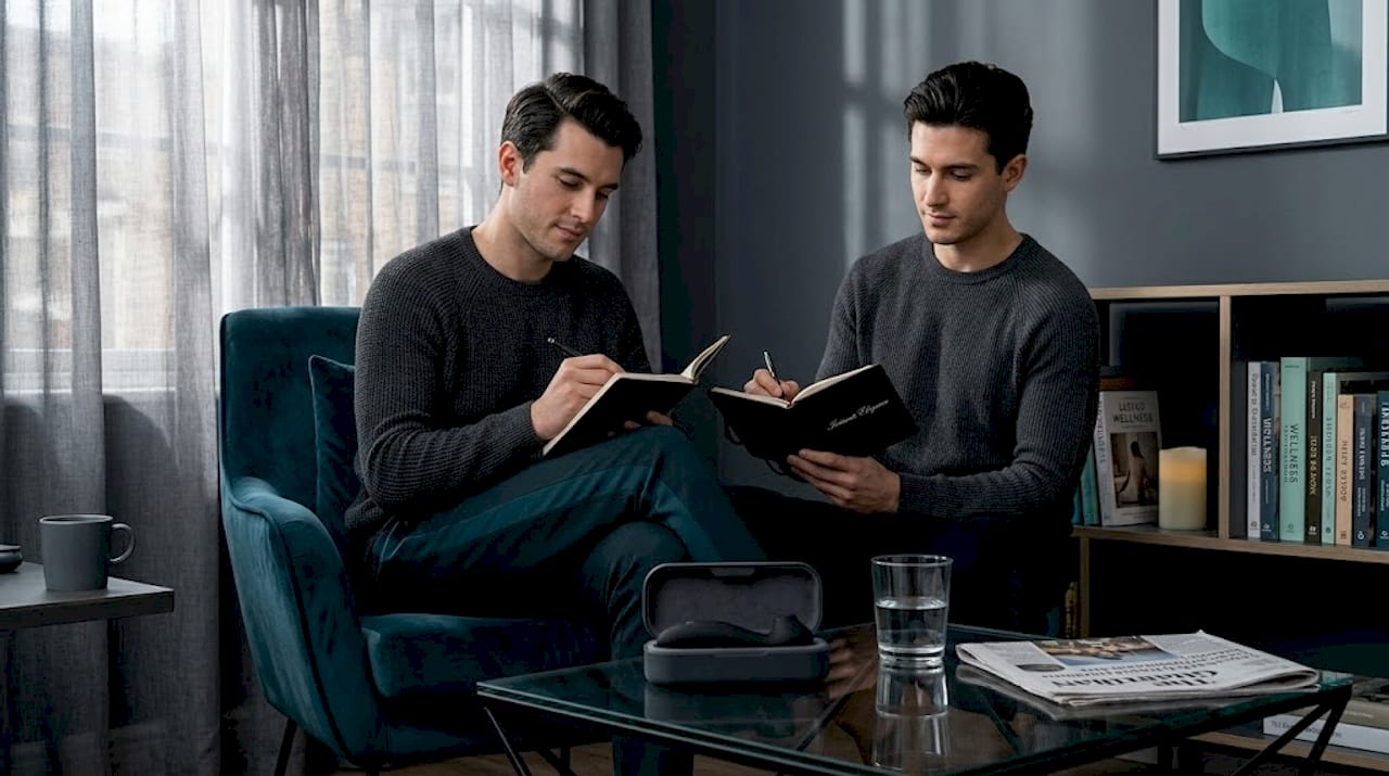Man relaxing with journal and wellness items
