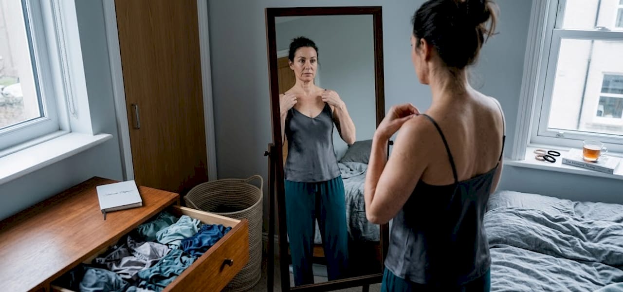 Woman adjusting camisole in bedroom mirror