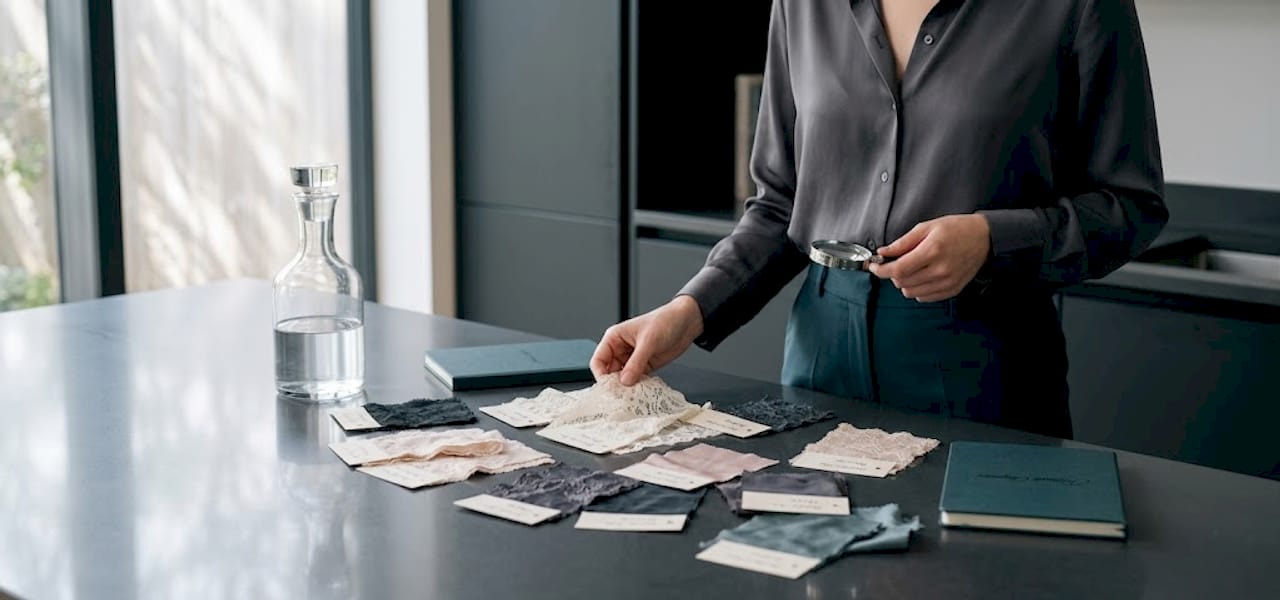 Person inspecting silk and lace fabric samples