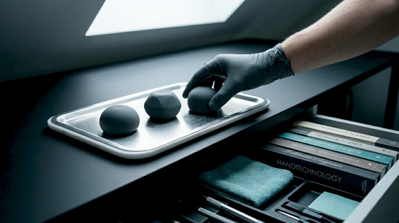 Gloved hand arranges silicone devices