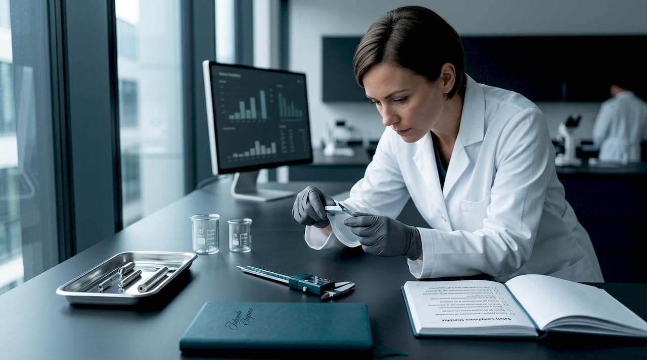 Technician testing silicone sample and product components